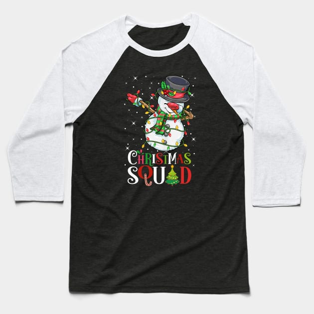 Christmas Squad Funny Xmas Dabbing Snowman Christmas Lights Baseball T-Shirt by springins